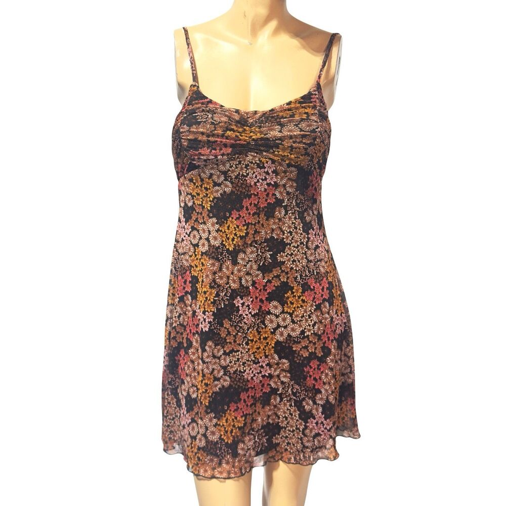 No comment NY•LA Women's Brown Floral Shift Dress Size M Chiffon Overlay Ruched